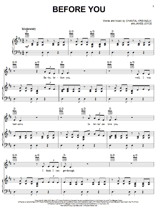 Chantal Kreviazuk Before You sheet music notes and chords arranged for Piano, Vocal & Guitar Chords (Right-Hand Melody)