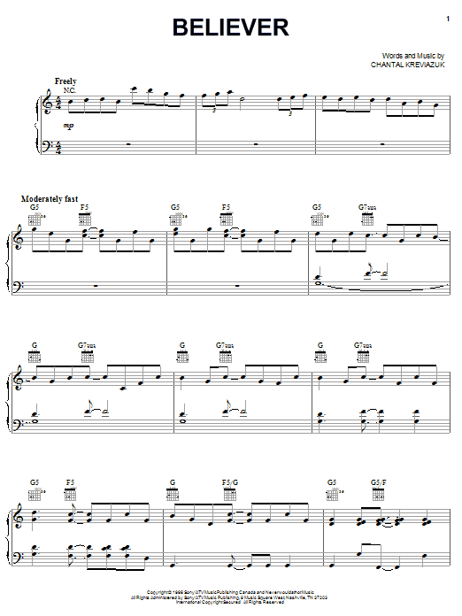 Chantal Kreviazuk Believer sheet music notes and chords arranged for Piano, Vocal & Guitar Chords (Right-Hand Melody)