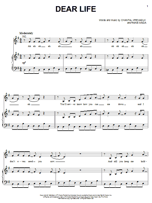 Chantal Kreviazuk Dear Life sheet music notes and chords arranged for Piano, Vocal & Guitar Chords (Right-Hand Melody)