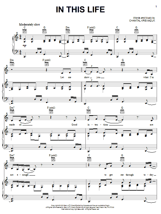 Chantal Kreviazuk In This Life sheet music notes and chords arranged for Piano, Vocal & Guitar Chords (Right-Hand Melody)