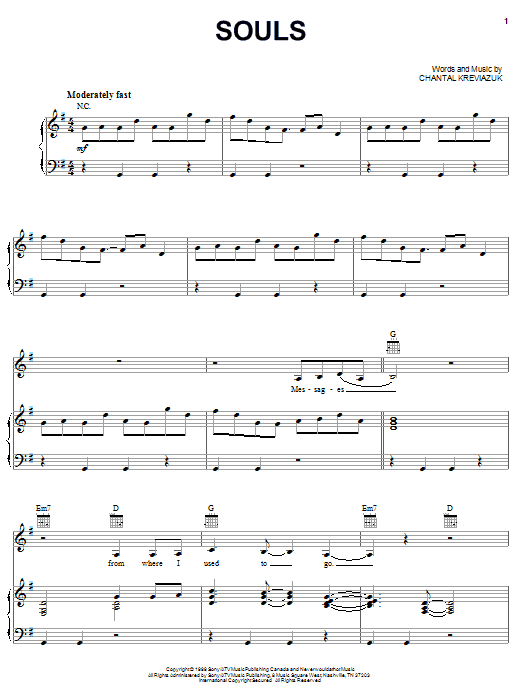 Chantal Kreviazuk Souls sheet music notes and chords arranged for Piano, Vocal & Guitar Chords (Right-Hand Melody)