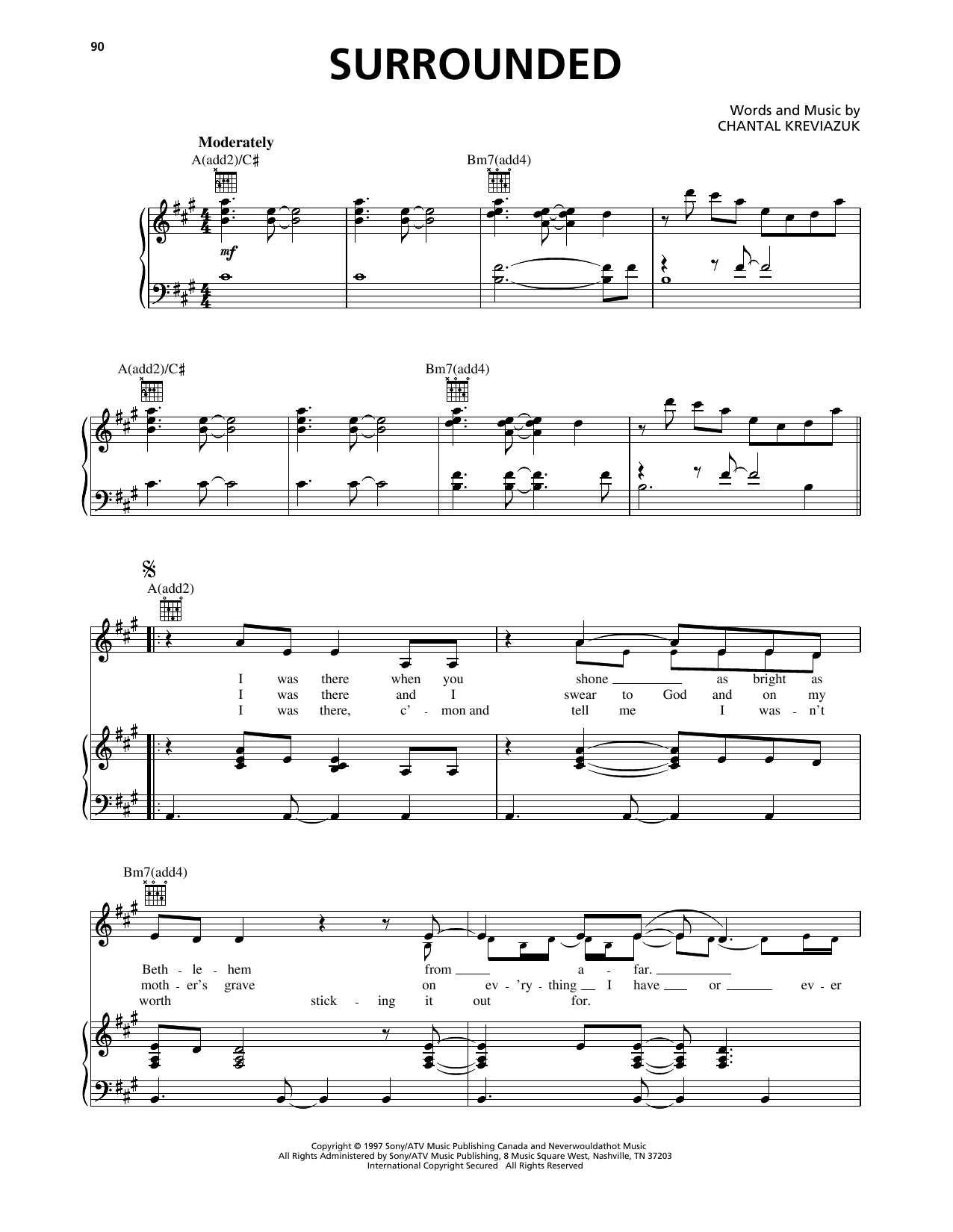 Chantal Kreviazuk Surrounded sheet music notes and chords arranged for Piano, Vocal & Guitar Chords (Right-Hand Melody)