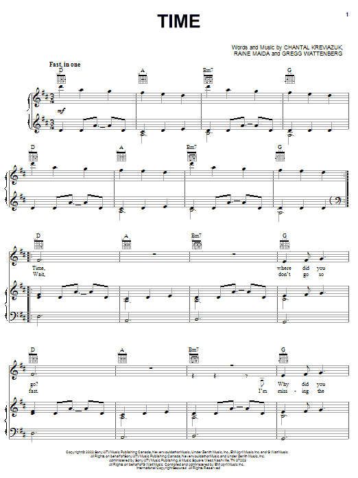 Chantal Kreviazuk Time sheet music notes and chords arranged for Piano, Vocal & Guitar Chords (Right-Hand Melody)