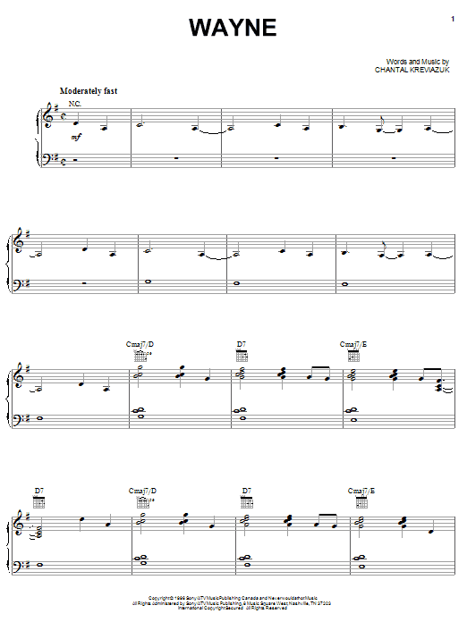 Chantal Kreviazuk Wayne sheet music notes and chords arranged for Piano, Vocal & Guitar Chords (Right-Hand Melody)