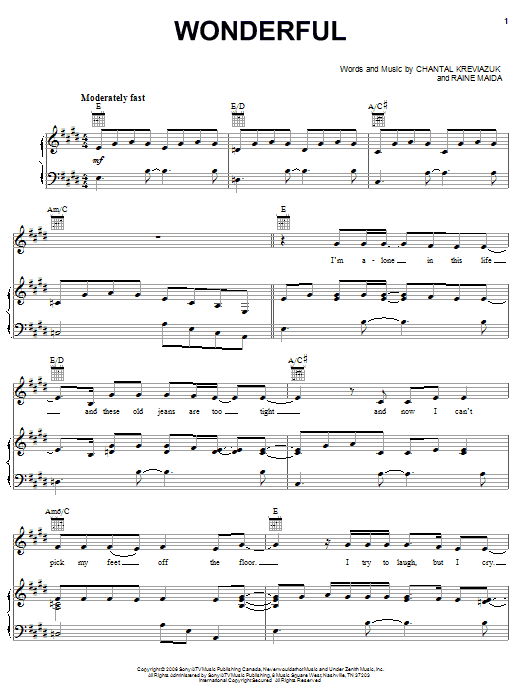 Chantal Kreviazuk Wonderful sheet music notes and chords arranged for Piano, Vocal & Guitar Chords (Right-Hand Melody)