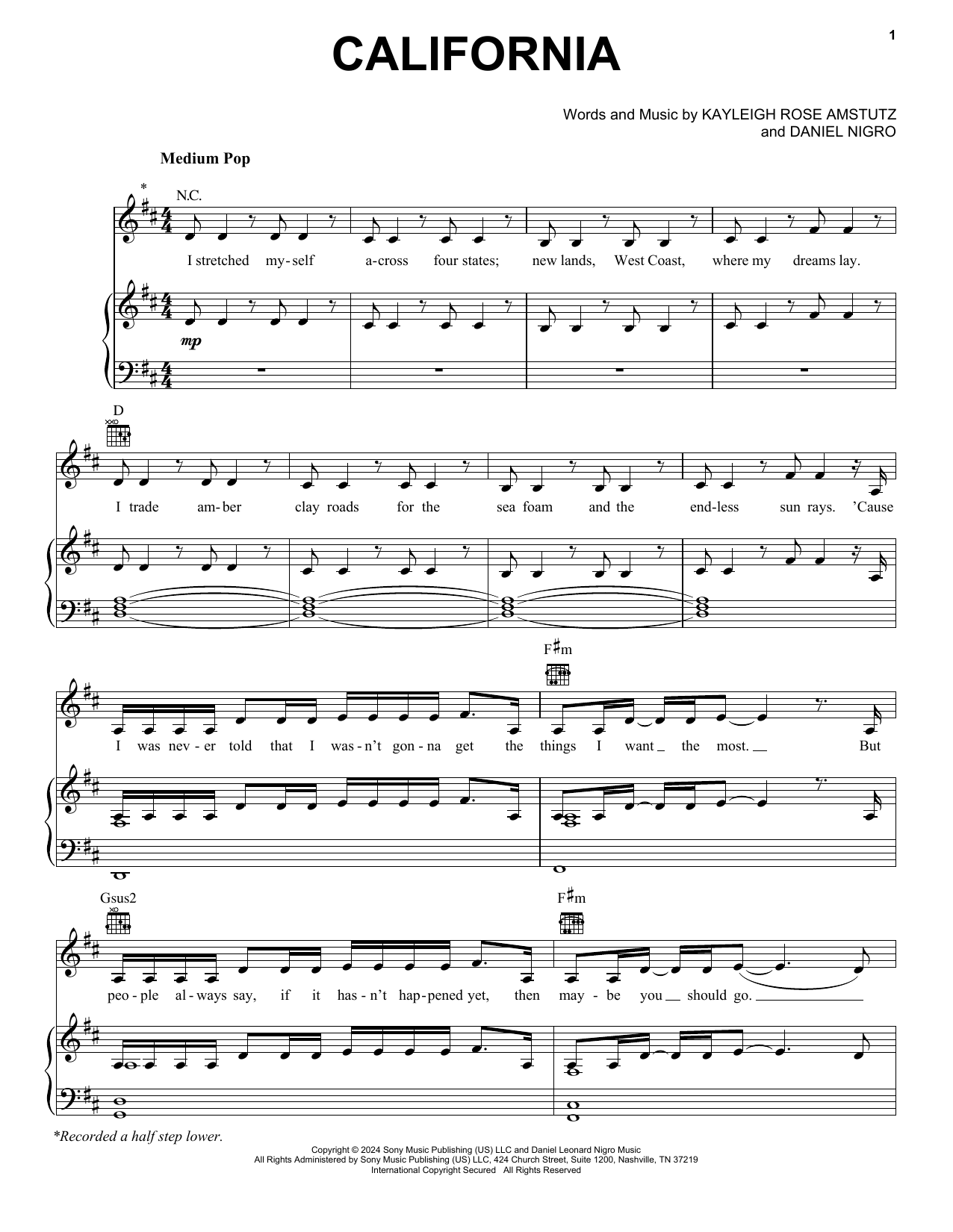 Chappell Roan California sheet music notes and chords arranged for Easy Piano