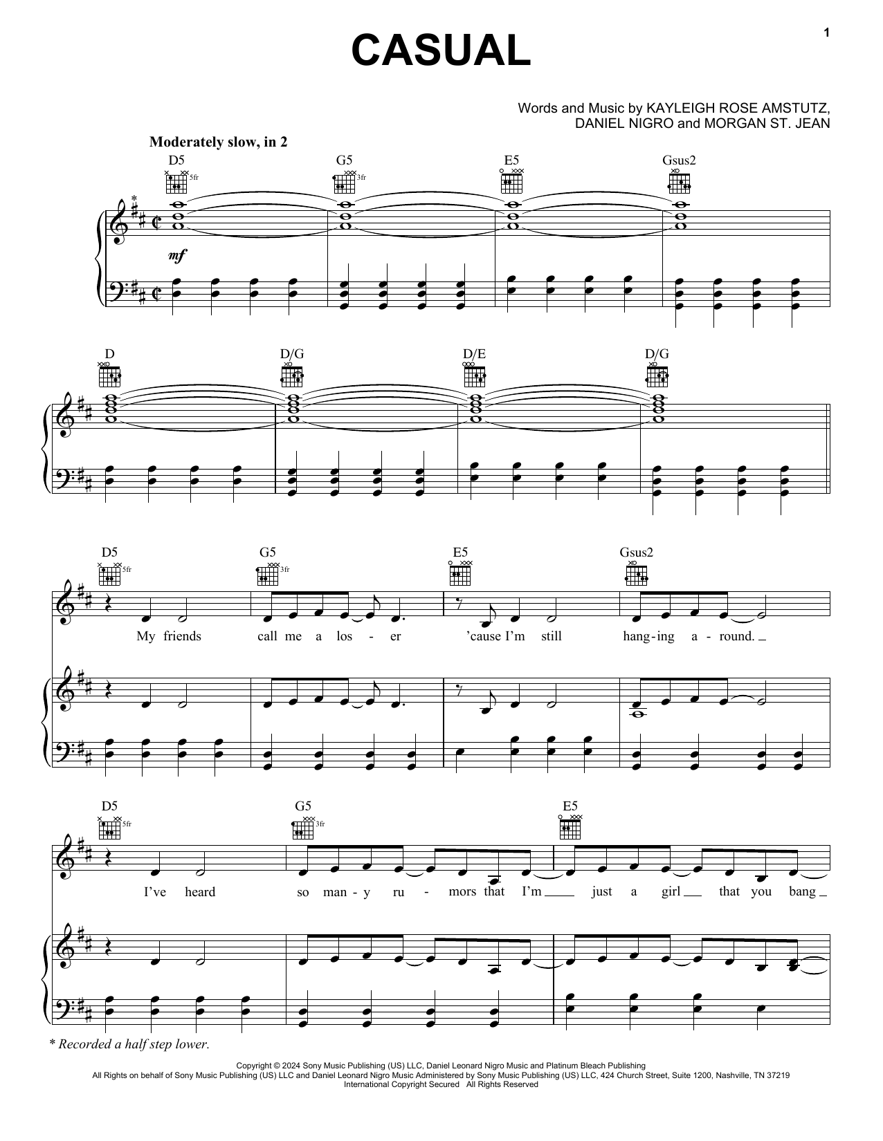 Chappell Roan Casual sheet music notes and chords arranged for Piano, Vocal & Guitar Chords (Right-Hand Melody)
