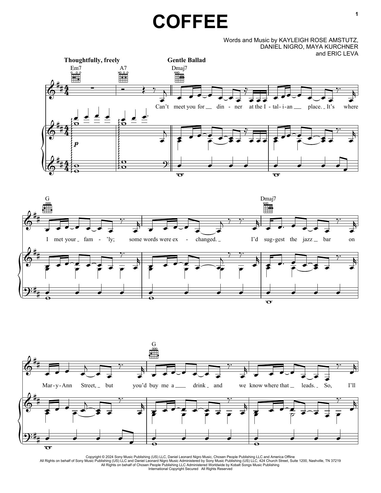 Chappell Roan Coffee sheet music notes and chords arranged for Easy Piano