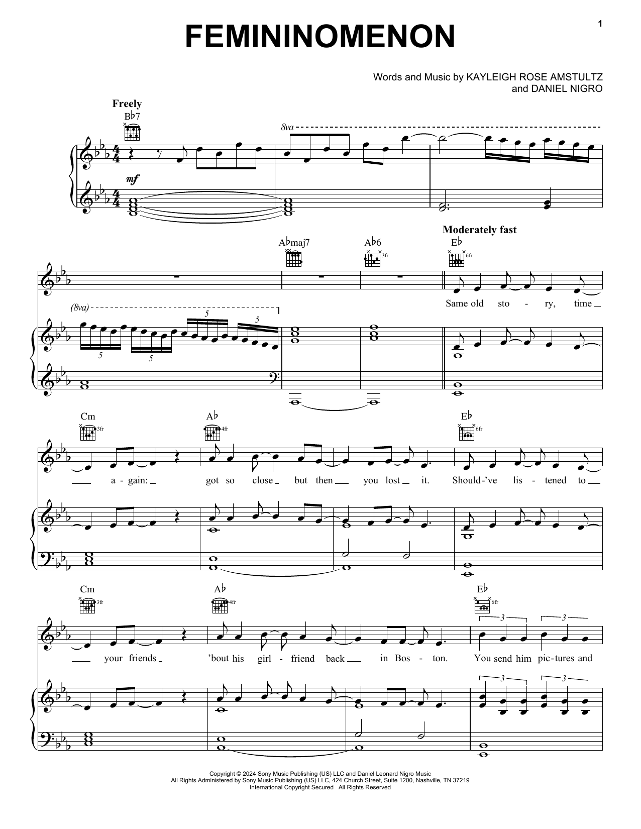 Chappell Roan Femininomenon sheet music notes and chords arranged for Piano, Vocal & Guitar Chords (Right-Hand Melody)