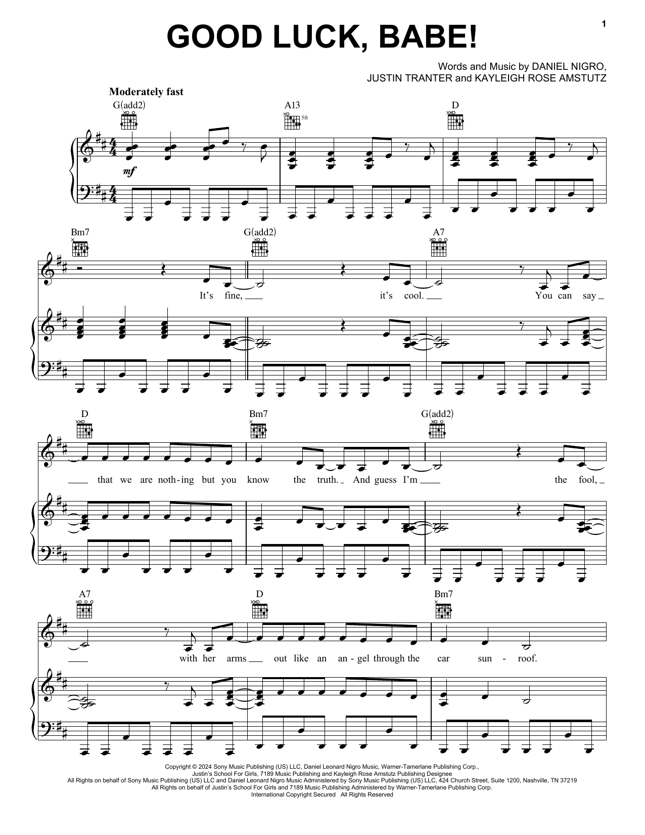 Chappell Roan Good Luck, Babe! sheet music notes and chords arranged for Piano, Vocal & Guitar Chords (Right-Hand Melody)