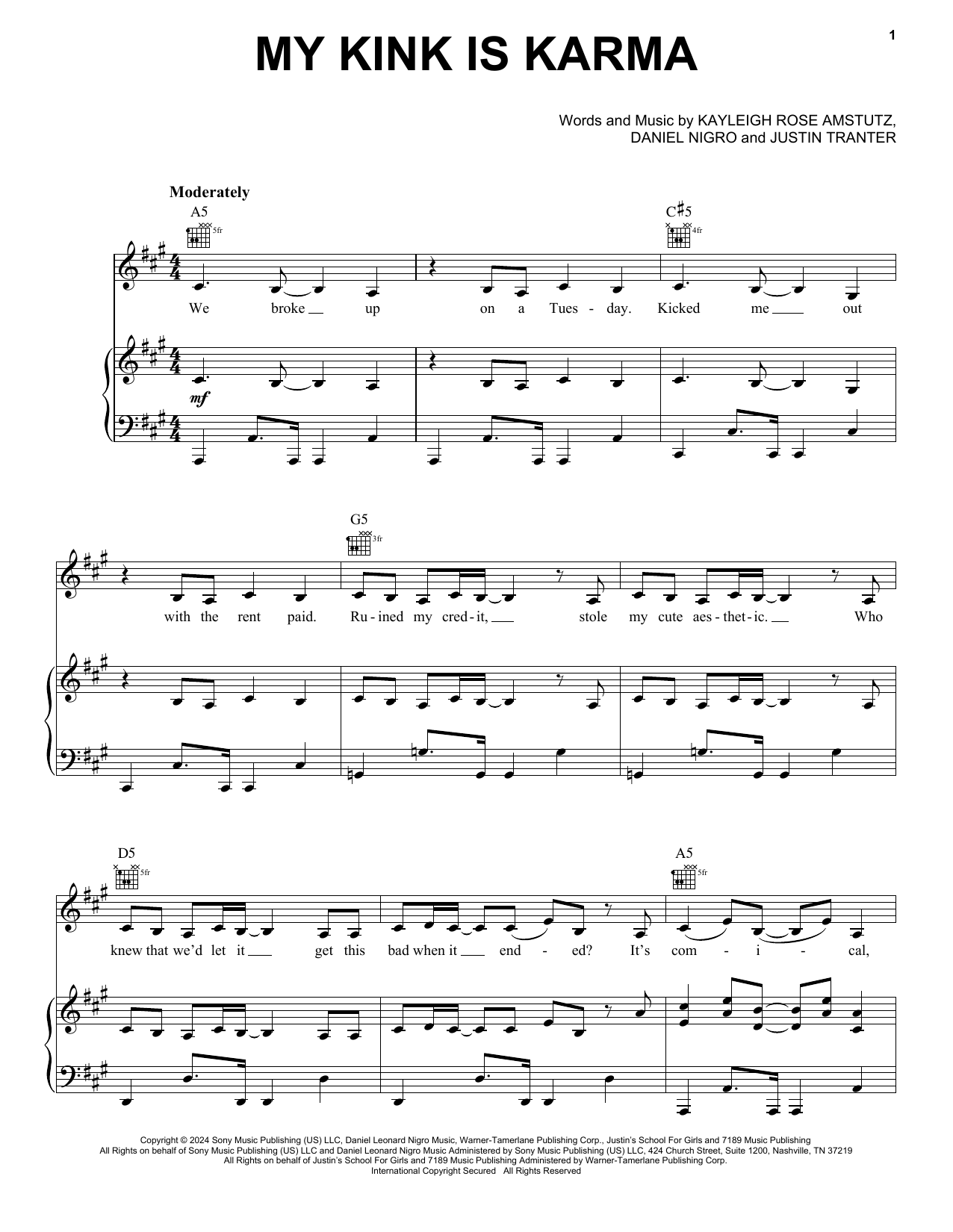 Chappell Roan My Kink Is Karma sheet music notes and chords arranged for Easy Piano