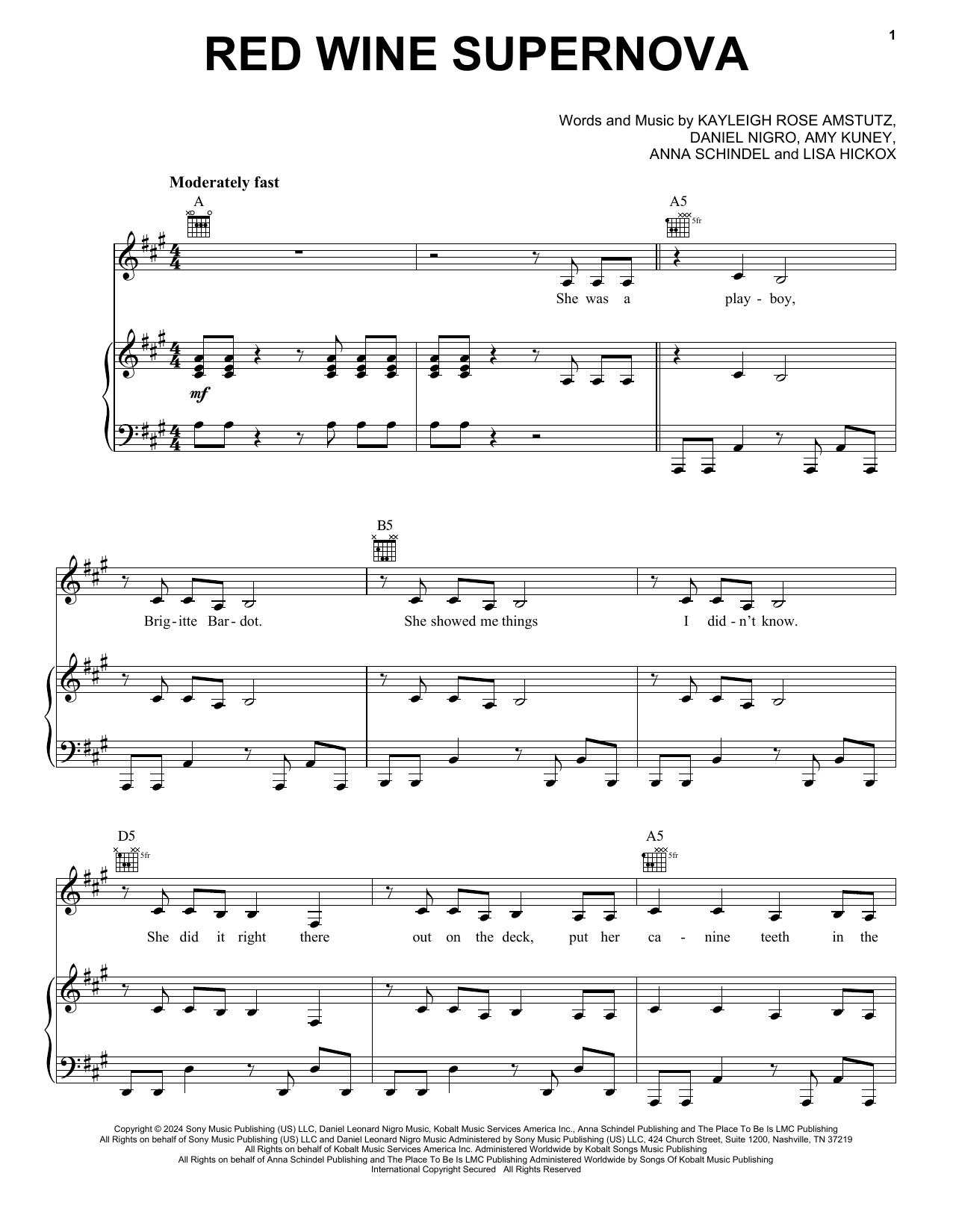 Chappell Roan Red Wine Supernova sheet music notes and chords arranged for Piano, Vocal & Guitar Chords (Right-Hand Melody)