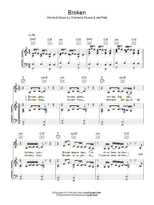 Charlene Soraia Broken sheet music notes and chords arranged for Piano, Vocal & Guitar Chords