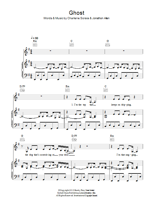 Charlene Soraia Ghost sheet music notes and chords arranged for Piano, Vocal & Guitar Chords