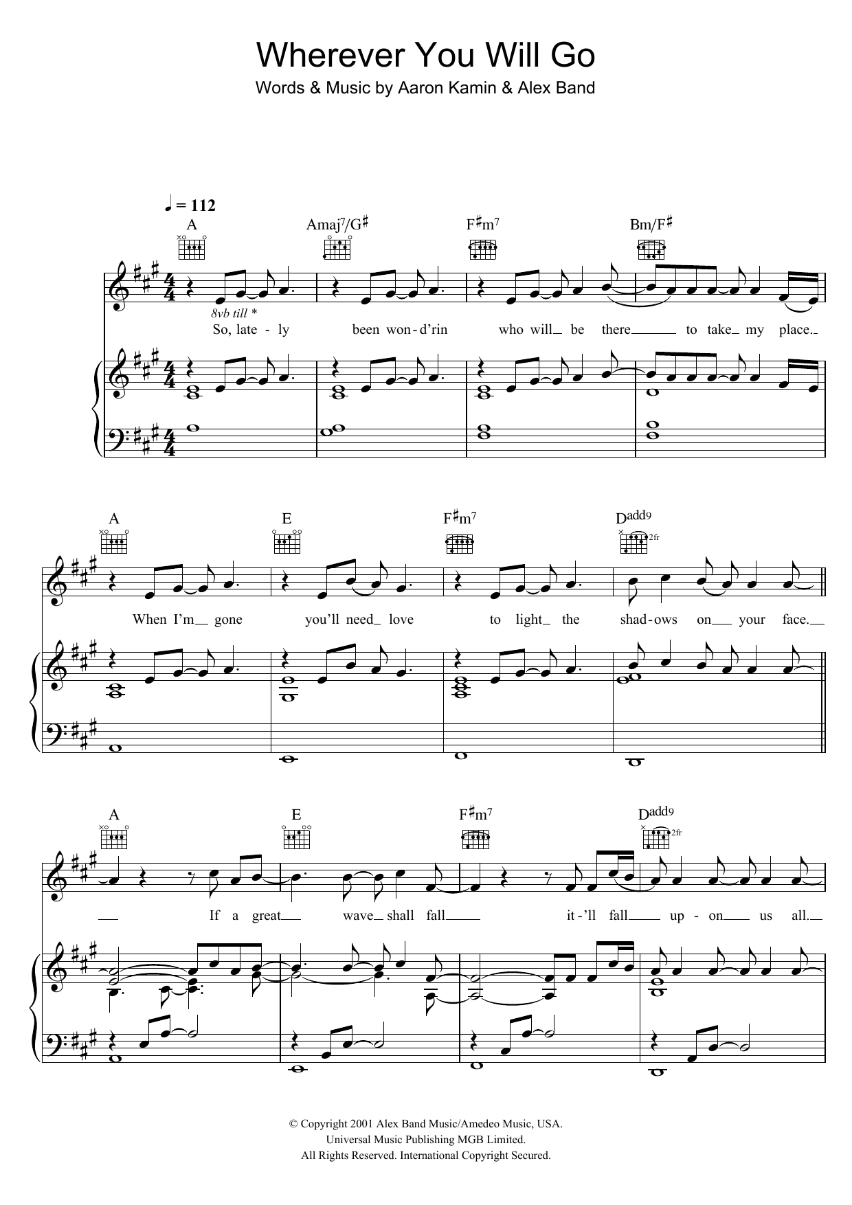Charlene Soraia Wherever You Will Go sheet music notes and chords arranged for Piano, Vocal & Guitar Chords (Right-Hand Melody)