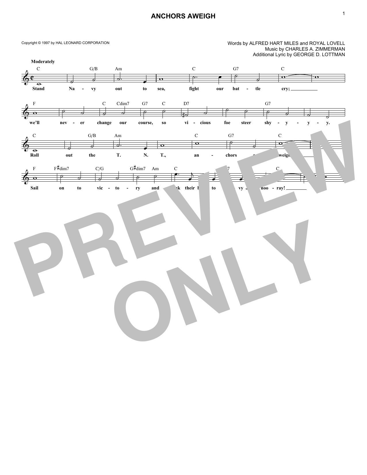 Charles A. Zimmerman Anchors Aweigh sheet music notes and chords arranged for Lead Sheet / Fake Book