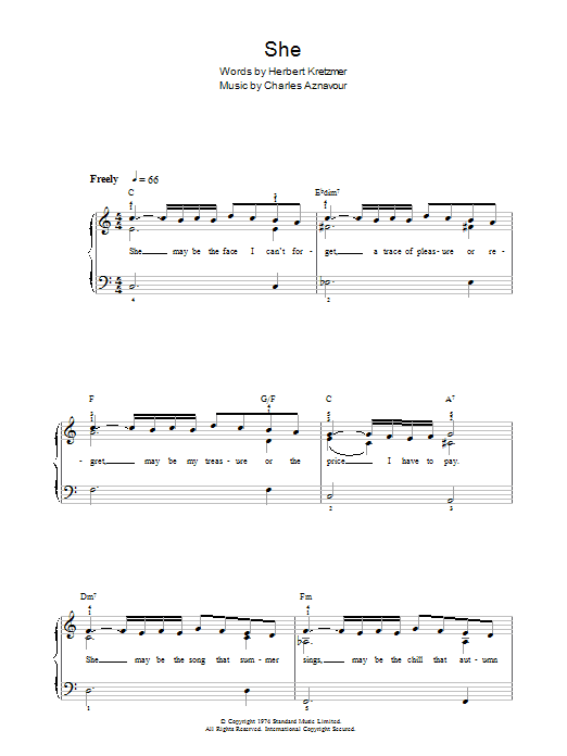 Charles Aznavour She sheet music notes and chords arranged for Easy Piano