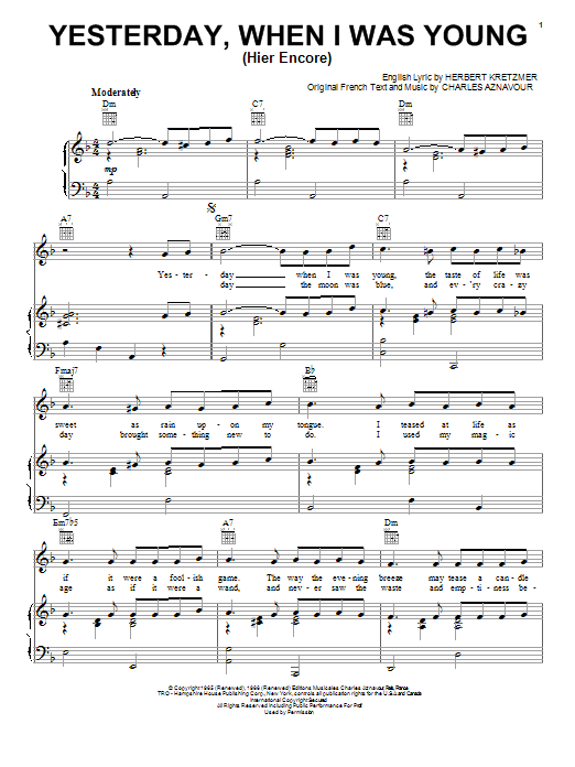 Charles Aznavour Yesterday When I Was Young (Hier Encore) sheet music notes and chords arranged for Piano, Vocal & Guitar Chords (Right-Hand Melody)
