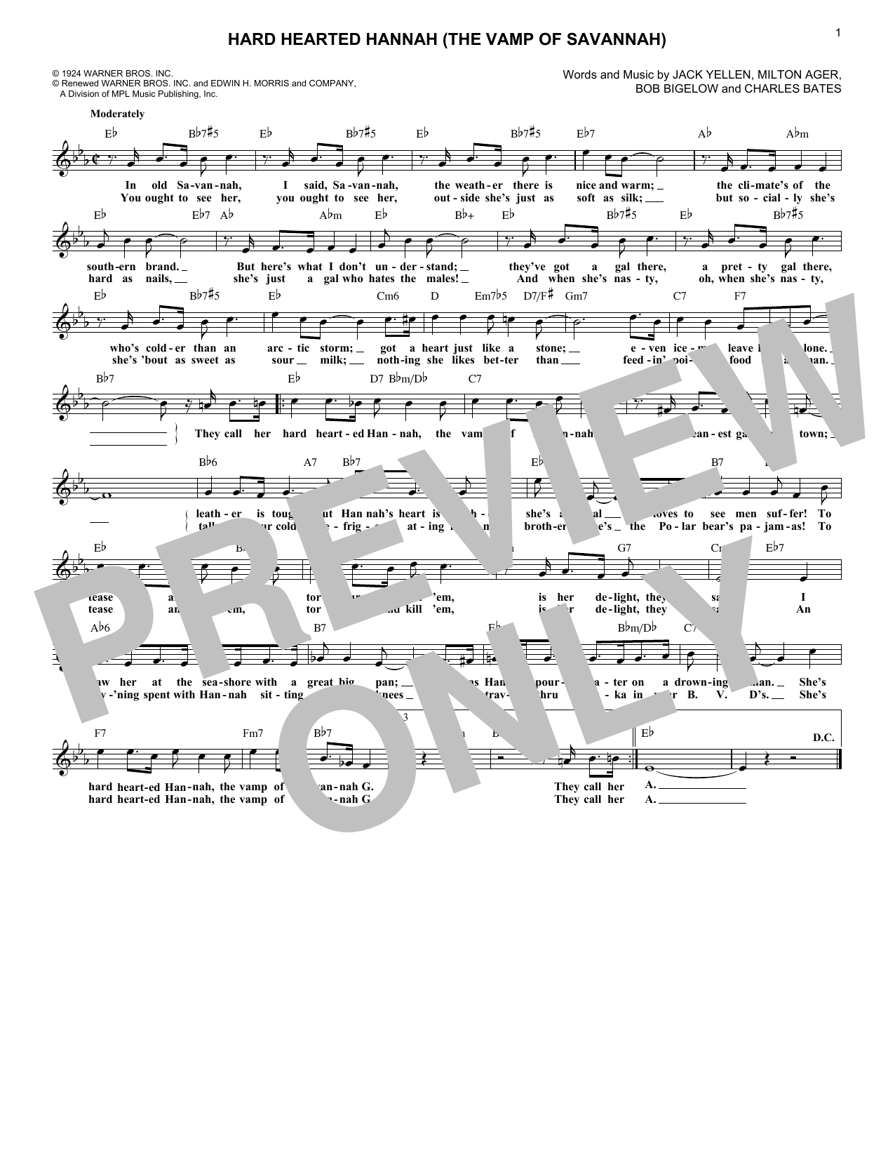 Charles Bates Hard Hearted Hannah (The Vamp Of Savannah) sheet music notes and chords arranged for Lead Sheet / Fake Book