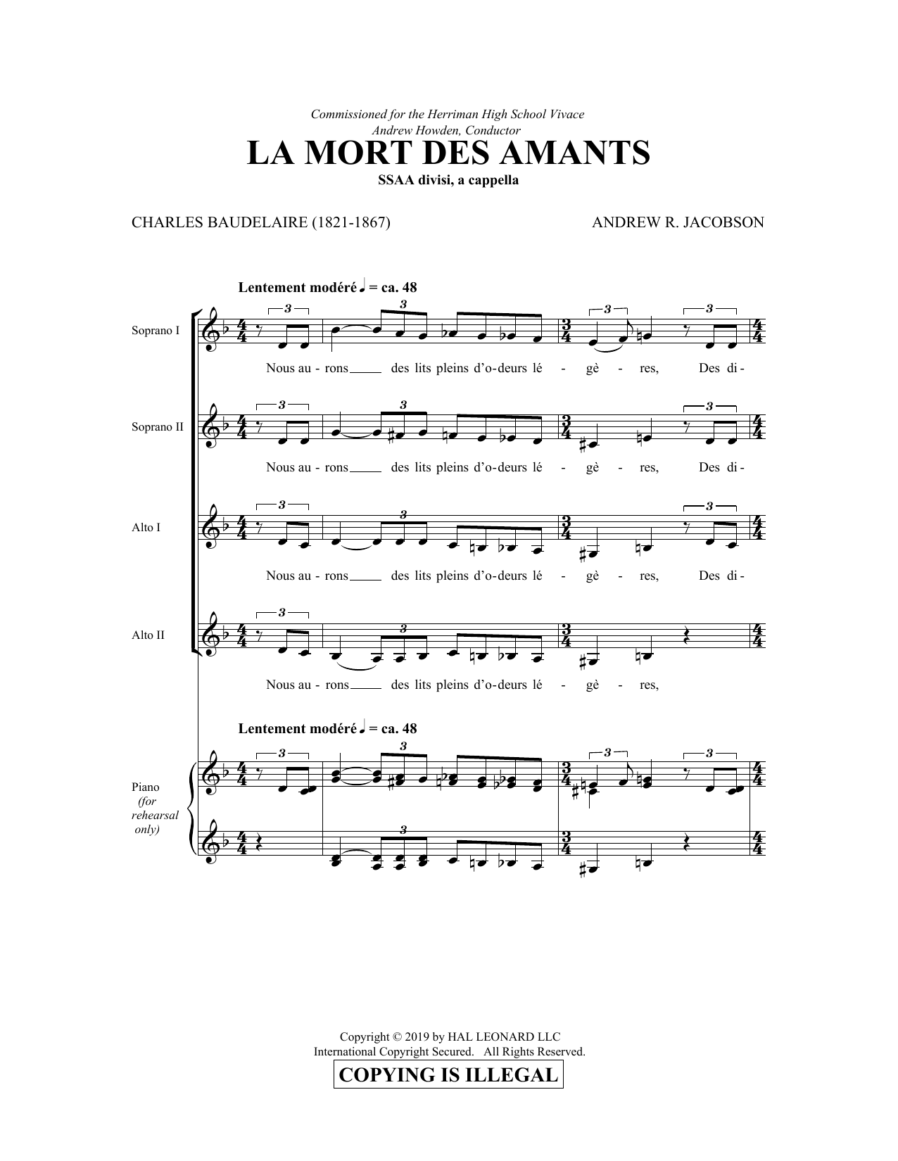 Charles Baudelaire and Andrew Jacobson La Mort Des Amants sheet music notes and chords arranged for SSA Choir