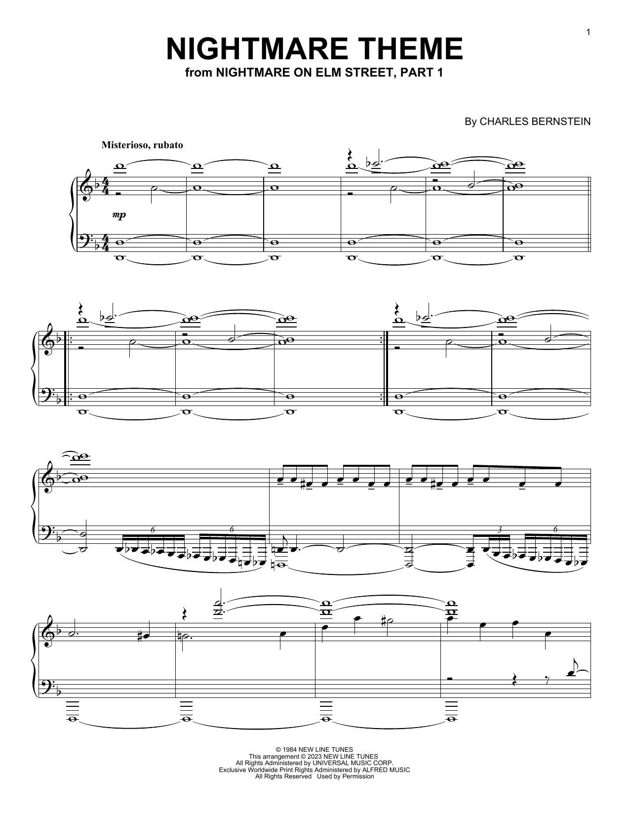 Charles Bernstein A Nightmare On Elm Street sheet music notes and chords arranged for Piano Solo