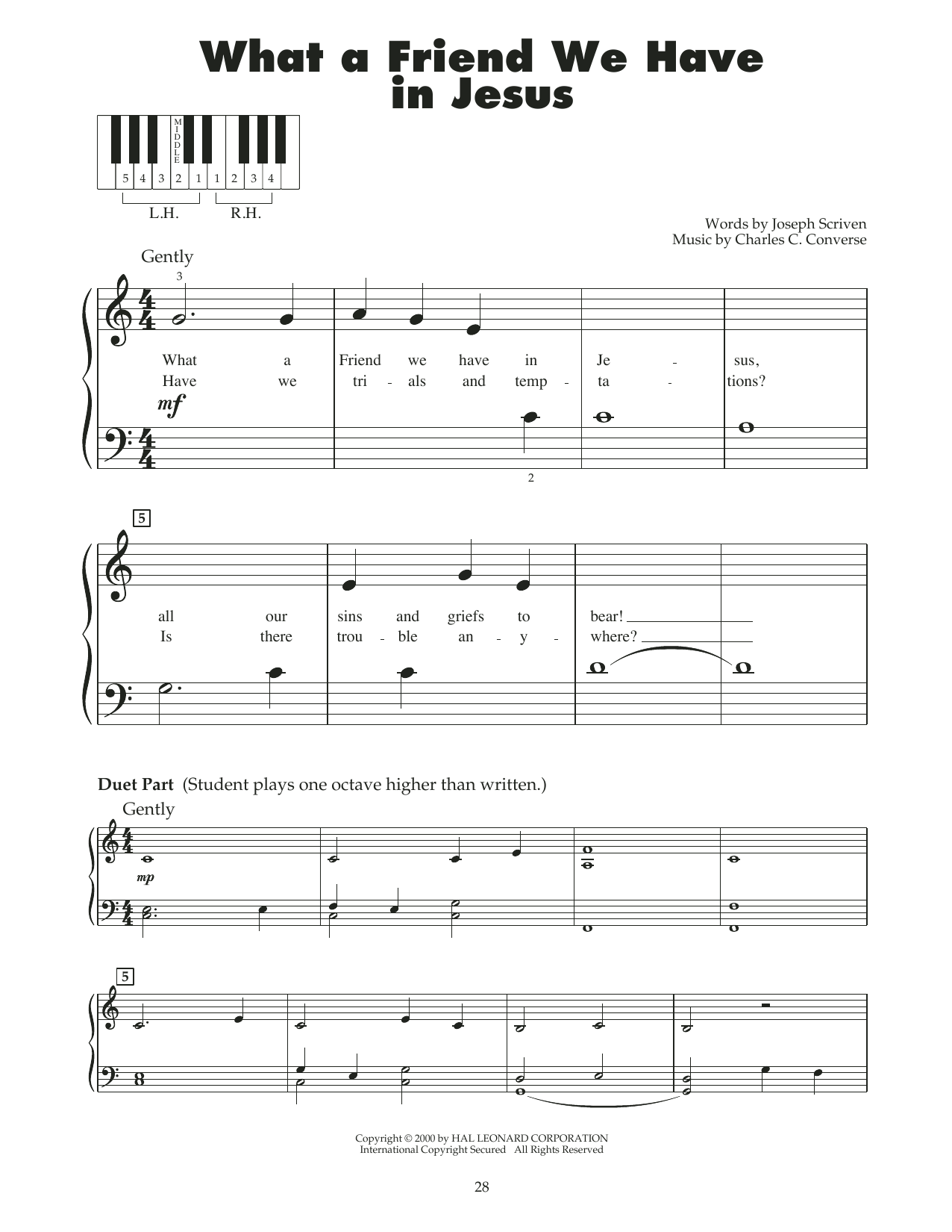 Charles C. Converse What A Friend We Have In Jesus (arr. Carol Klose) sheet music notes and chords arranged for 5-Finger Piano