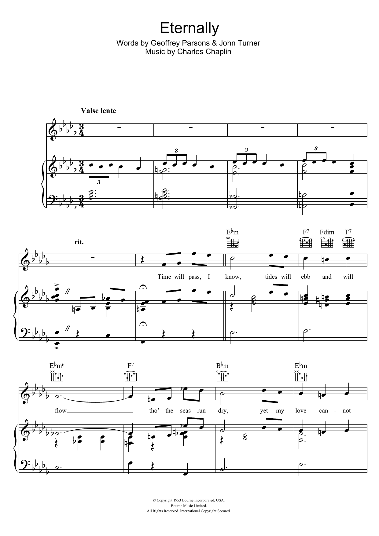 Charles Chaplin Eternally sheet music notes and chords arranged for Piano, Vocal & Guitar Chords