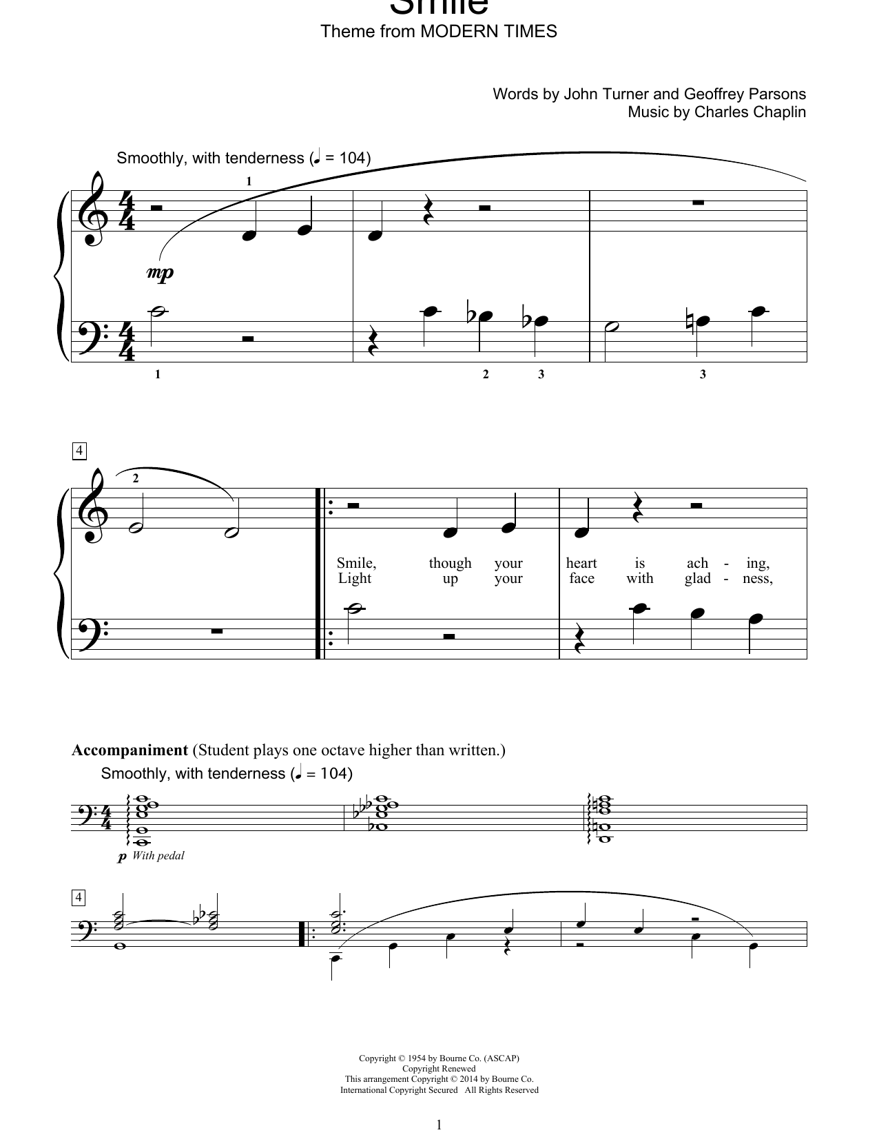 Charles Chaplin Smile sheet music notes and chords arranged for Educational Piano