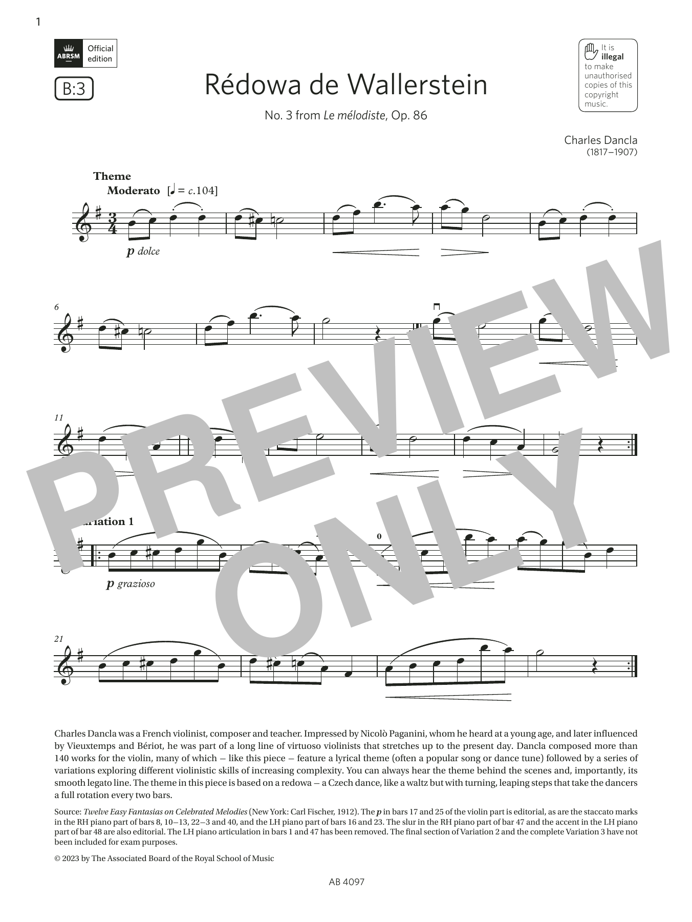 Charles Dancla Rédowa de Wallerstein (Grade 3, B3, from the ABRSM Violin Syllabus from 2024) sheet music notes and chords arranged for Violin Solo