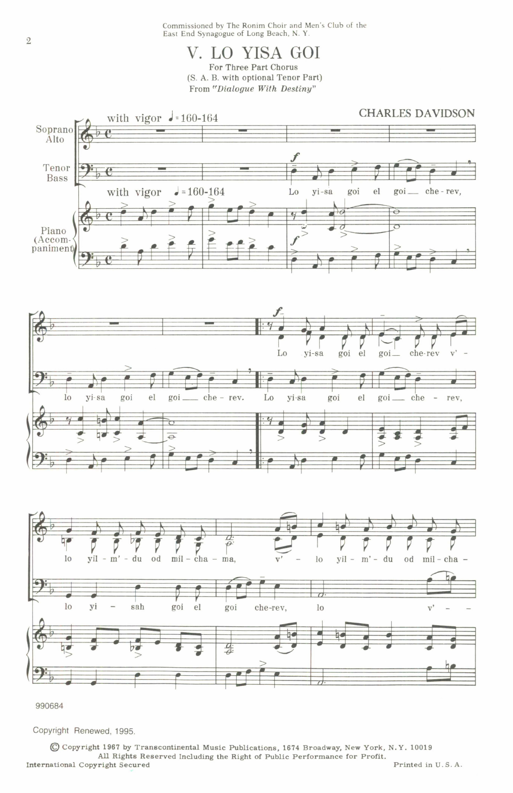 Charles Davidson Lo Yisa Goi sheet music notes and chords arranged for SAB Choir