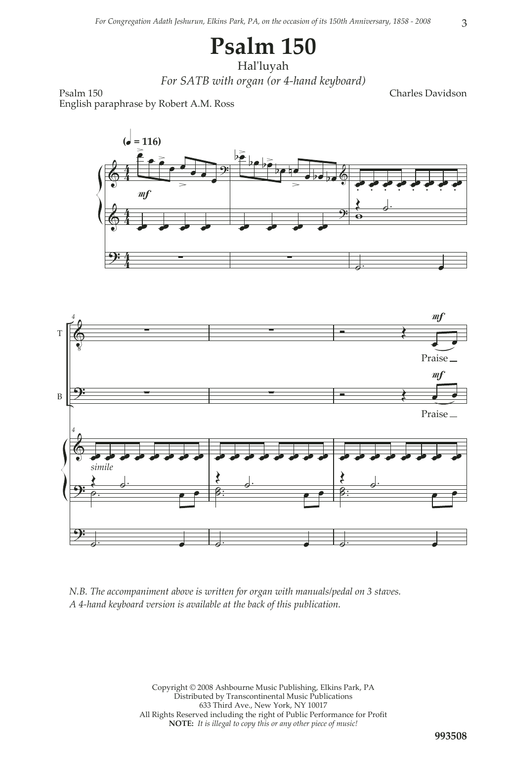 Charles Davidson Psalm 150 sheet music notes and chords arranged for SATB Choir