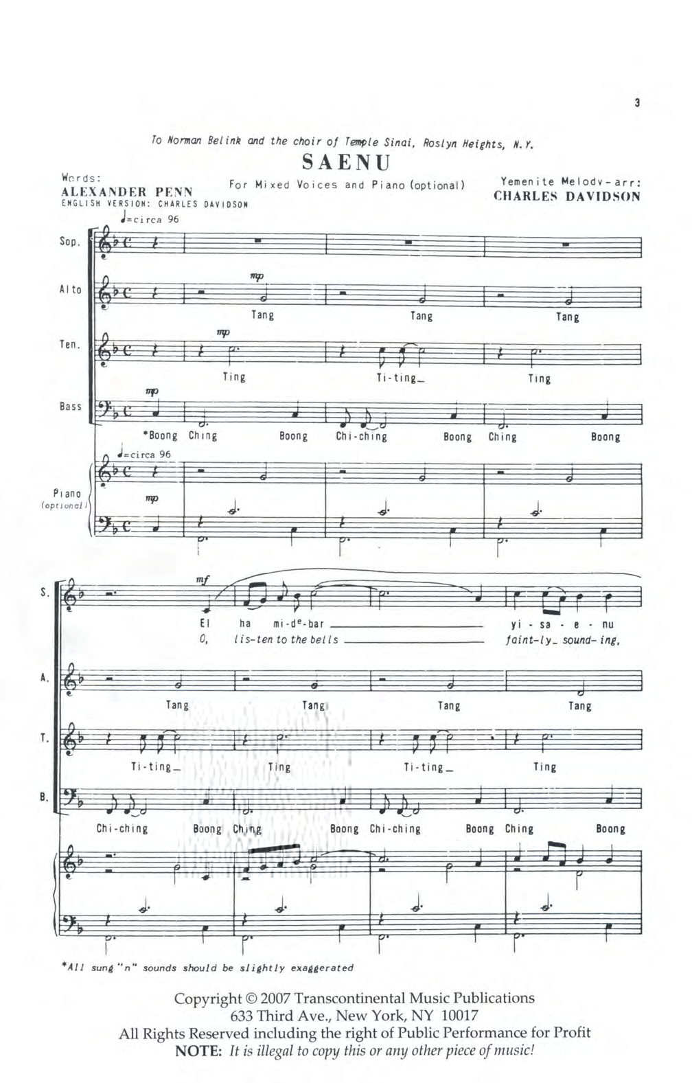 Charles Davidson Saenu sheet music notes and chords arranged for SATB Choir