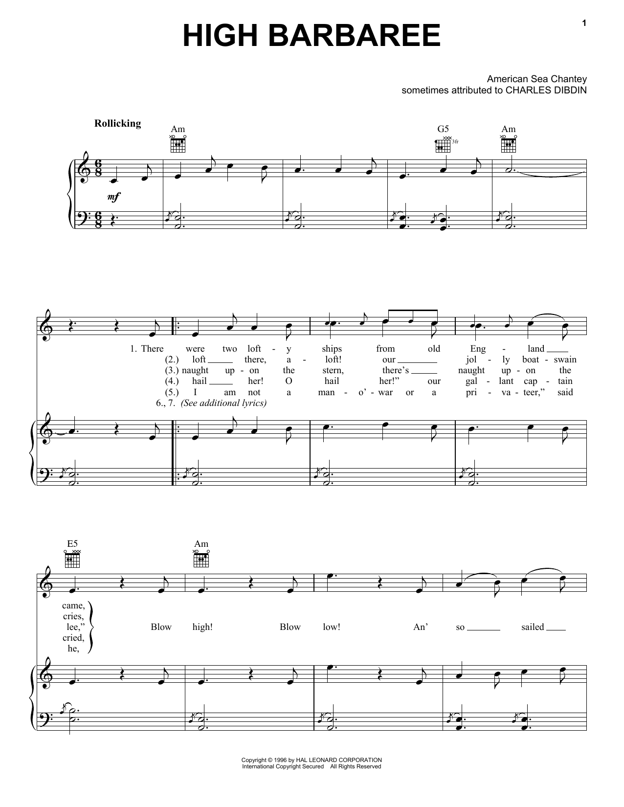 Charles Dibdin High Barbaree sheet music notes and chords arranged for Piano, Vocal & Guitar Chords (Right-Hand Melody)