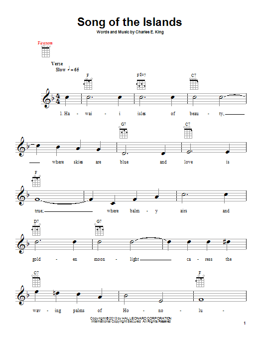 Charles E. King Song Of The Islands sheet music notes and chords arranged for Ukulele Chords/Lyrics