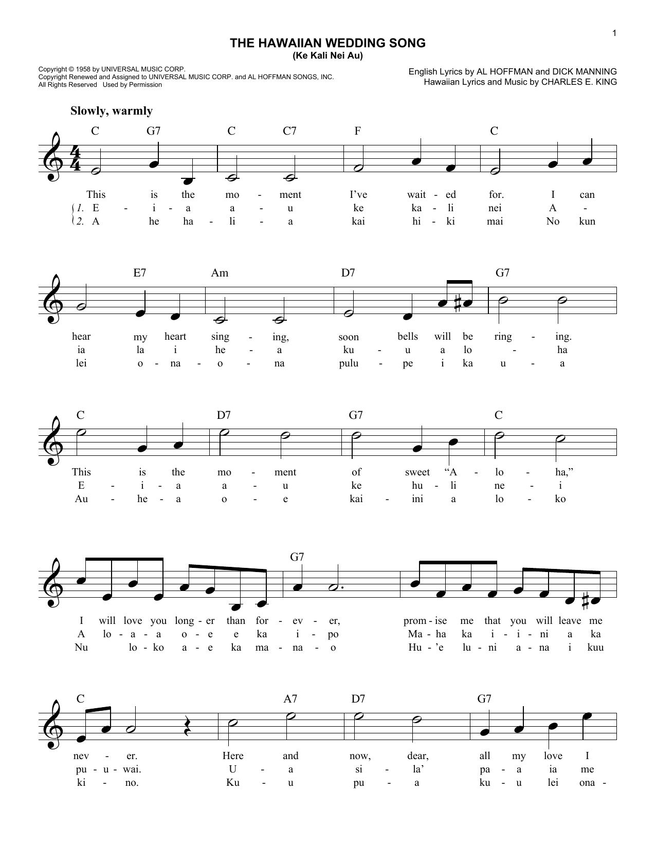 Charles E. King The Hawaiian Wedding Song (Ke Kali Nei Au) sheet music notes and chords arranged for Lead Sheet / Fake Book