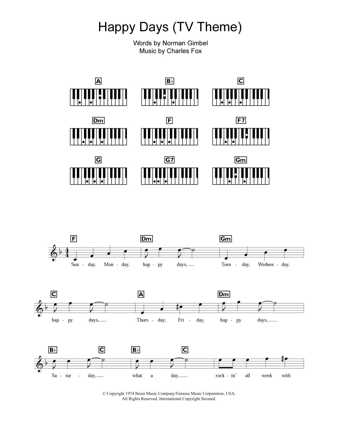 Charles Fox Happy Days (from the TV series) sheet music notes and chords arranged for Easy Piano