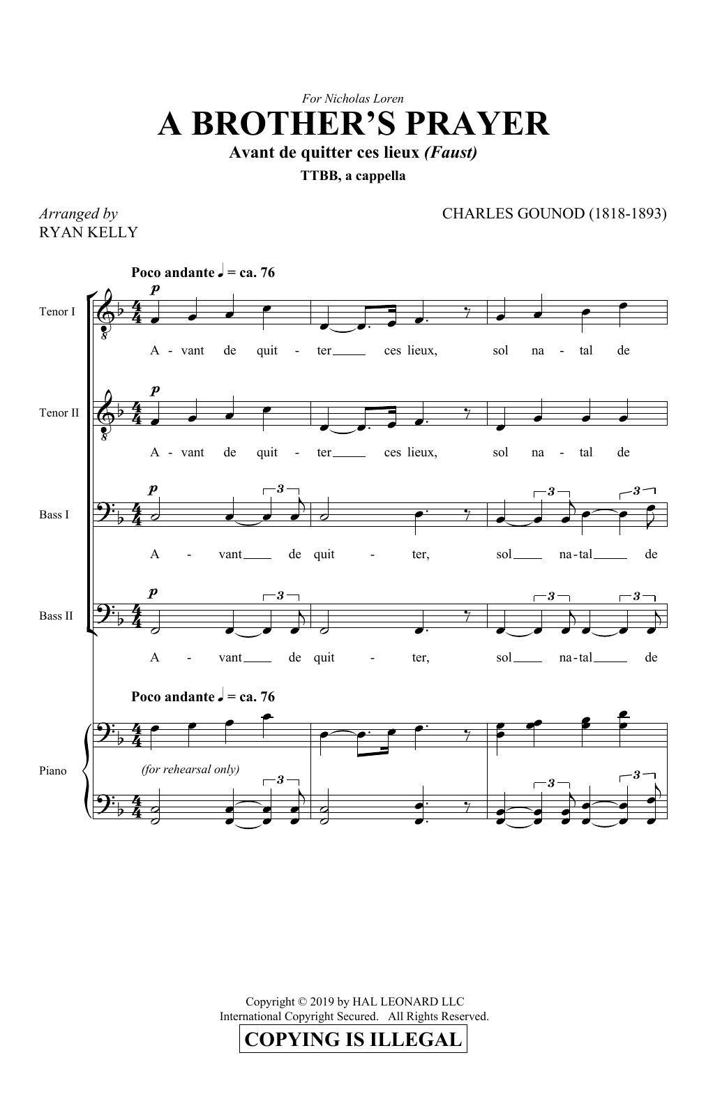 Charles Gounod A Brother's Prayer (Avant de quitter ces lieux) (arr. Ryan Kelly) sheet music notes and chords arranged for TTBB Choir