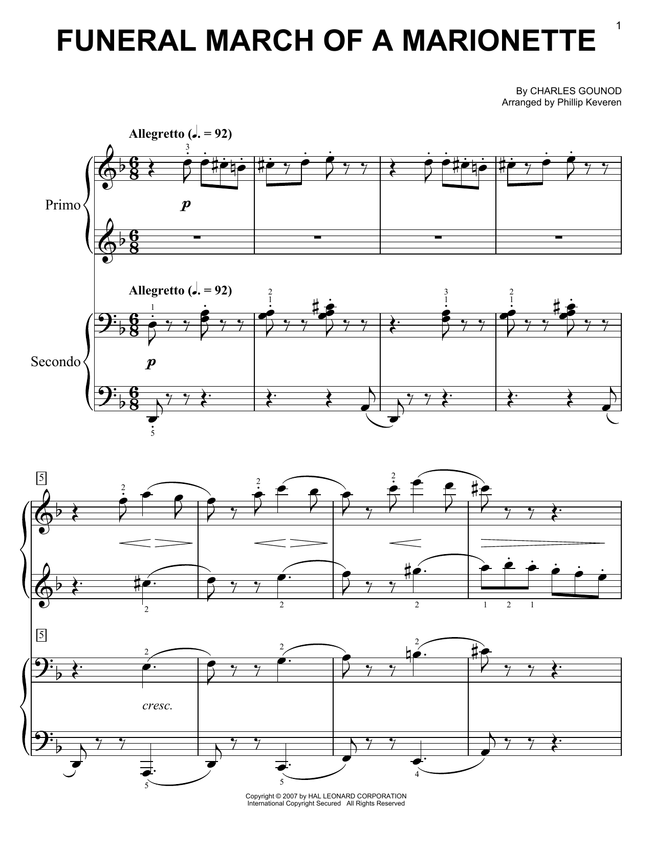 Charles Gounod Funeral March Of A Marionette (arr. Phillip Keveren) sheet music notes and chords arranged for Easy Piano Duet