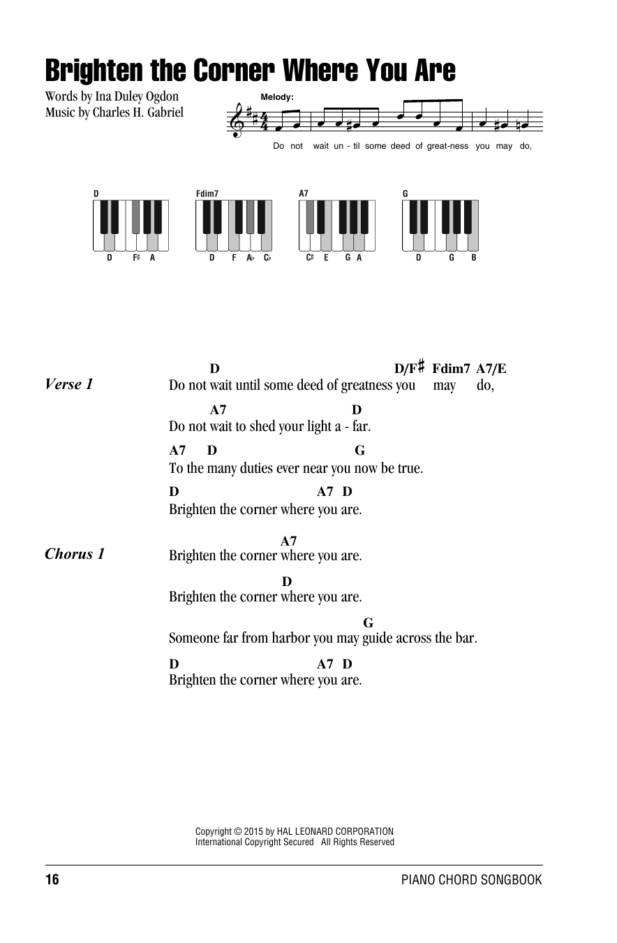 Charles H. Gabriel Brighten The Corner Where You Are sheet music notes and chords arranged for Piano Chords/Lyrics