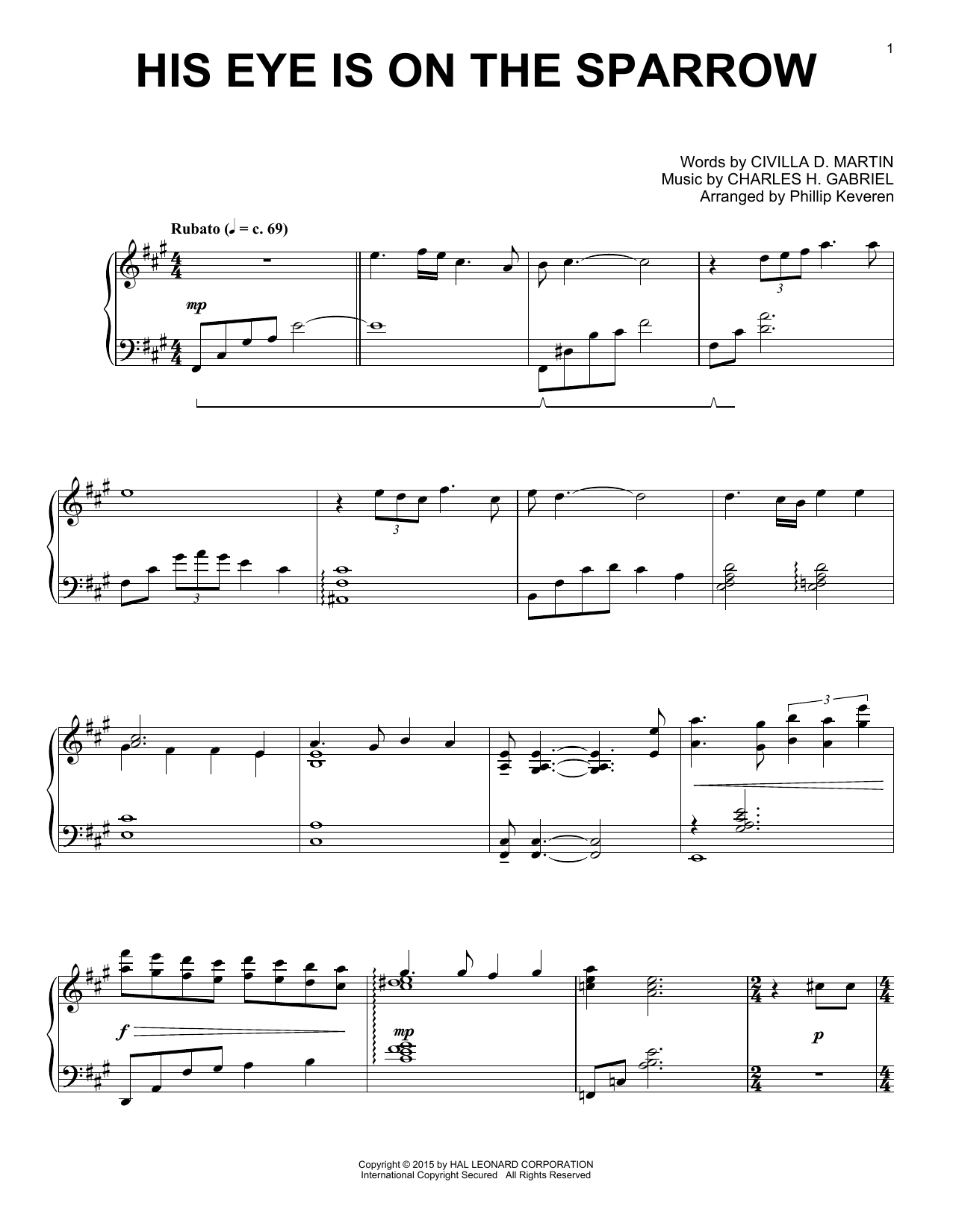 Charles H. Gabriel His Eye Is On The Sparrow (arr. Phillip Keveren) sheet music notes and chords arranged for Piano Solo