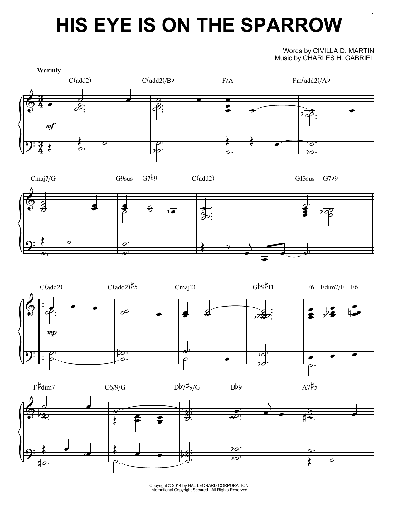 Charles H. Gabriel His Eye Is On The Sparrow [Jazz version] (arr. Brent Edstrom) sheet music notes and chords arranged for Piano Solo