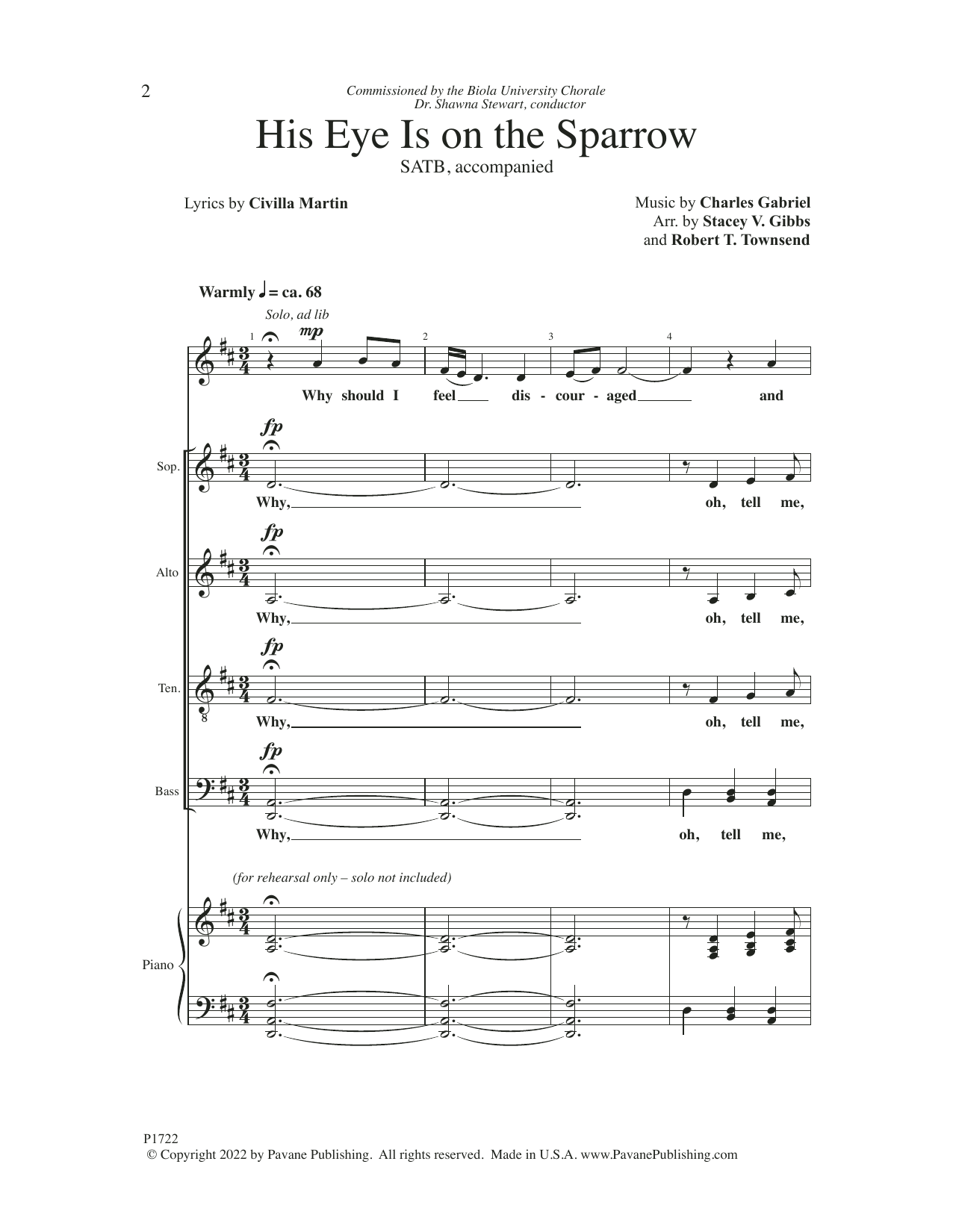 Charles Hutchinson Gabriel His Eye Is On The Sparrow (arr. Stacey V. Gibbs & Robert T. Townsend) sheet music notes and chords arranged for Choir