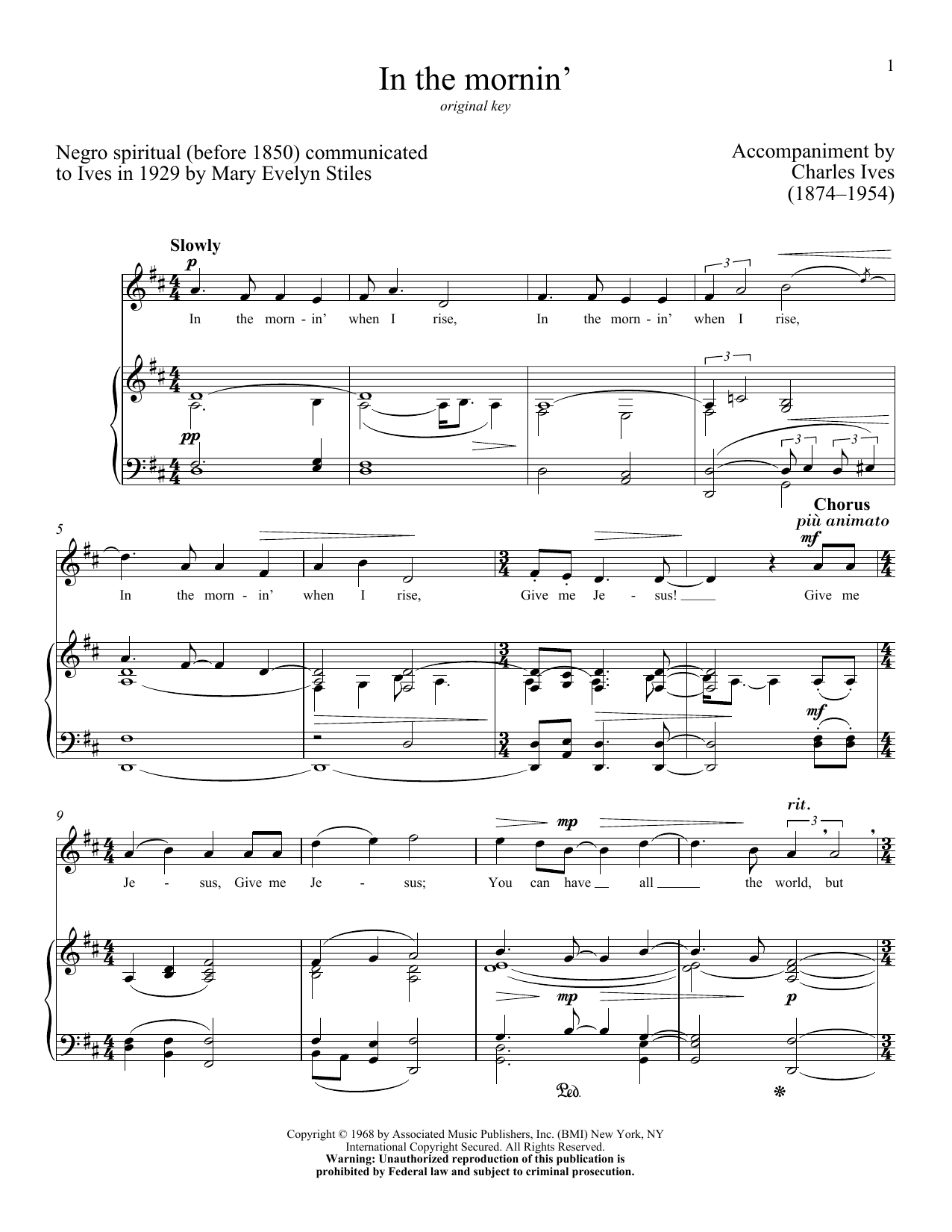 Charles Ives In The Mornin' sheet music notes and chords arranged for Piano & Vocal