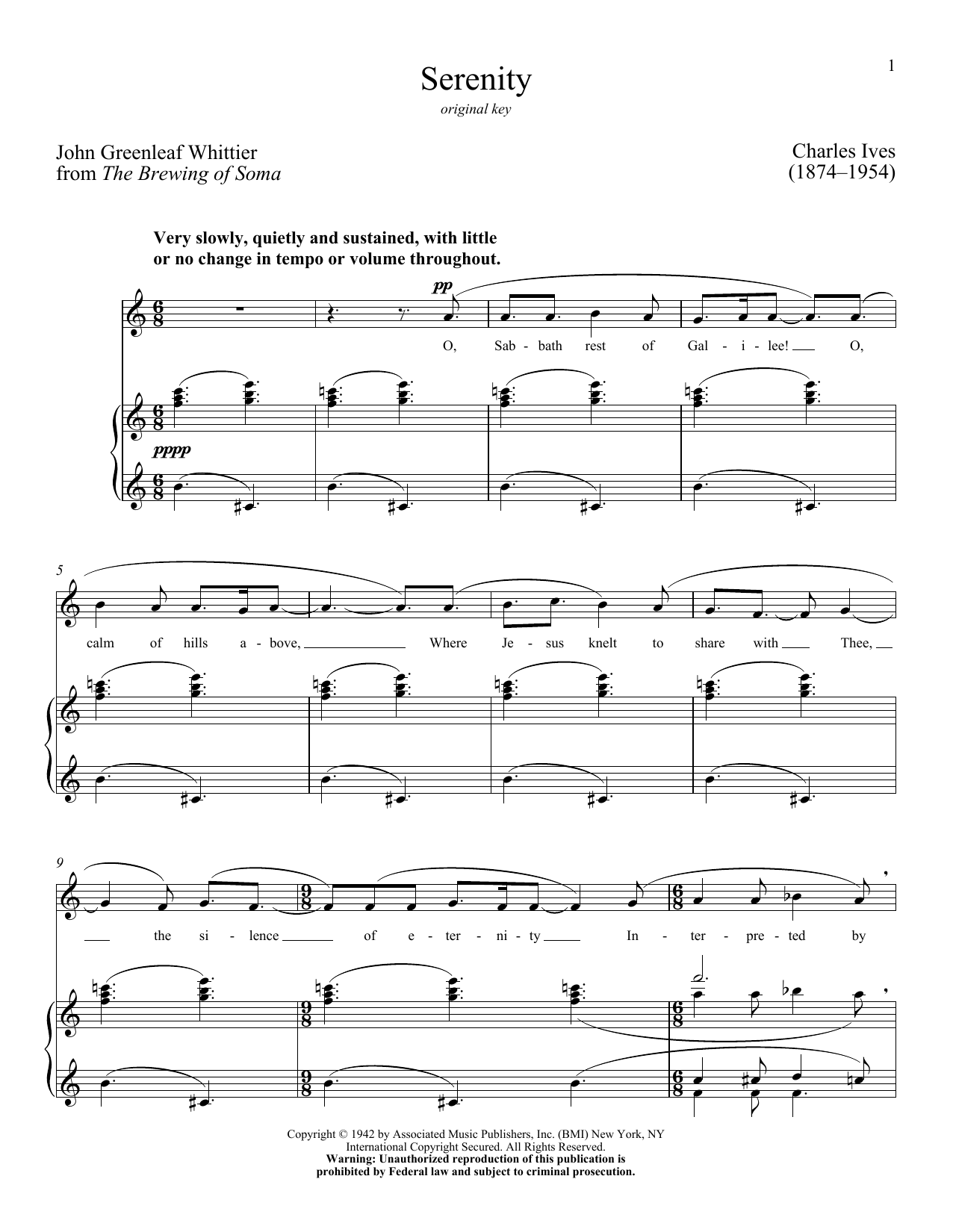 Charles Ives Serenity sheet music notes and chords arranged for Piano & Vocal