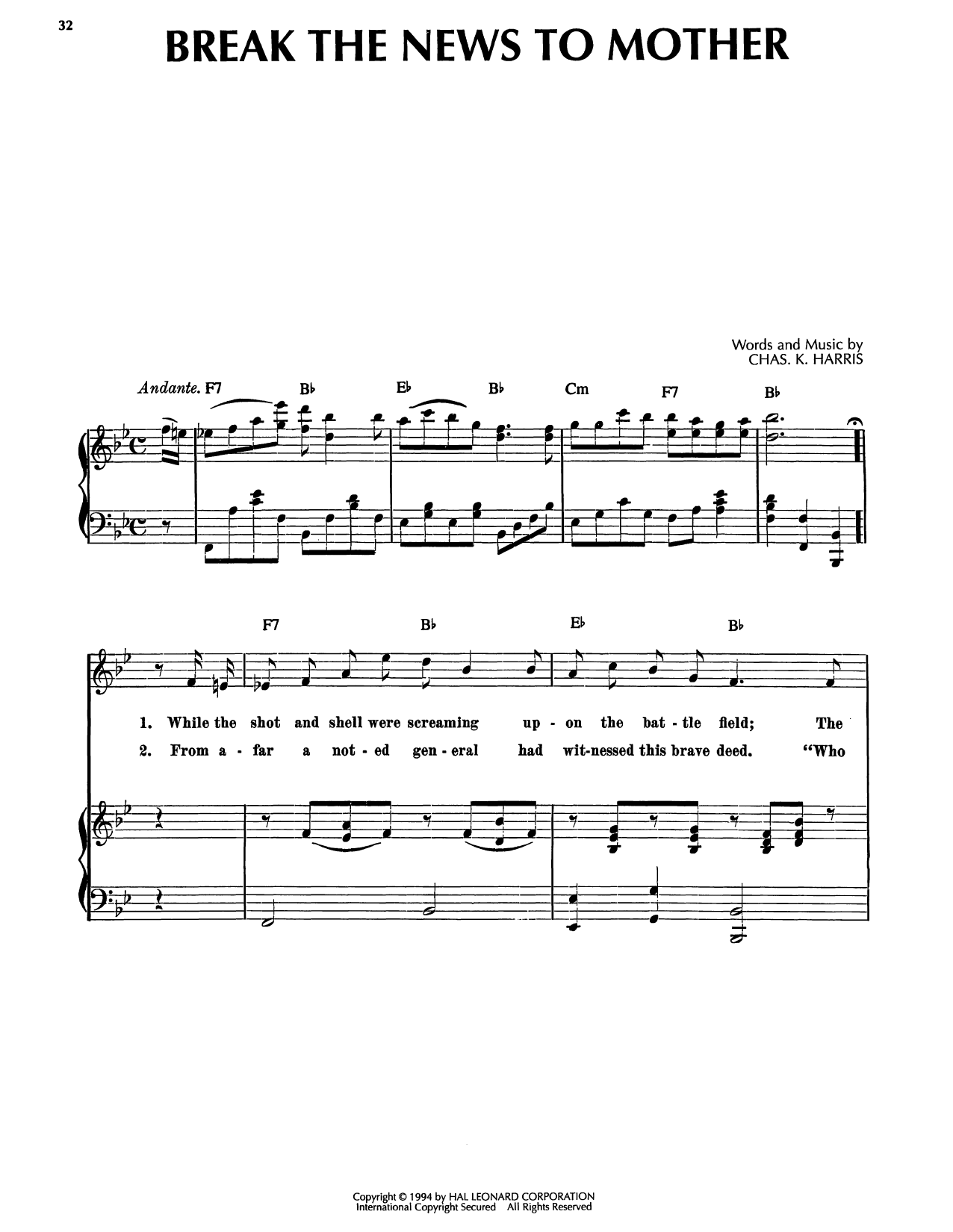 Charles K. Harris Break The News To Mother sheet music notes and chords arranged for Piano, Vocal & Guitar Chords (Right-Hand Melody)