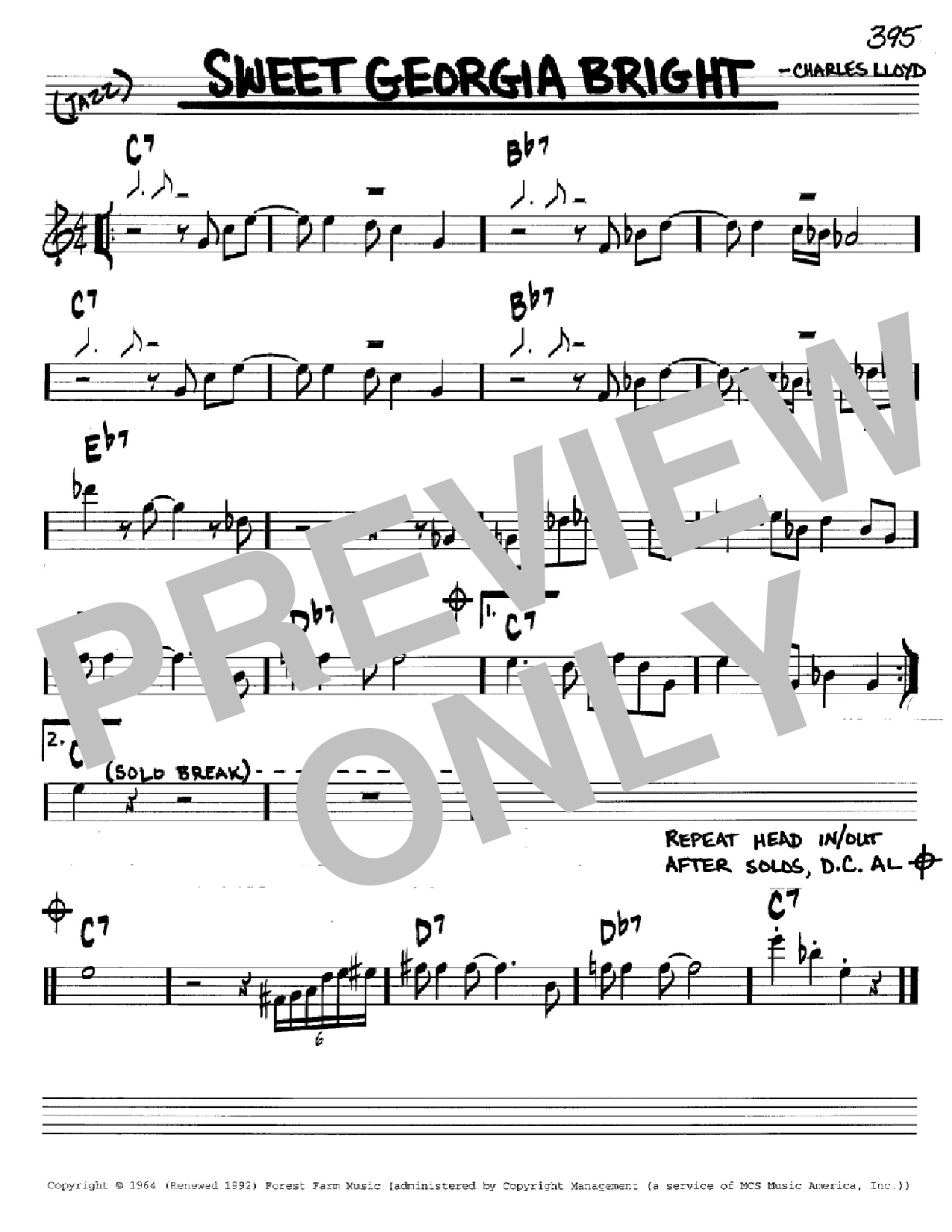Charles Lloyd Sweet Georgia Bright sheet music notes and chords arranged for Real Book – Melody & Chords – Bass Clef Instruments