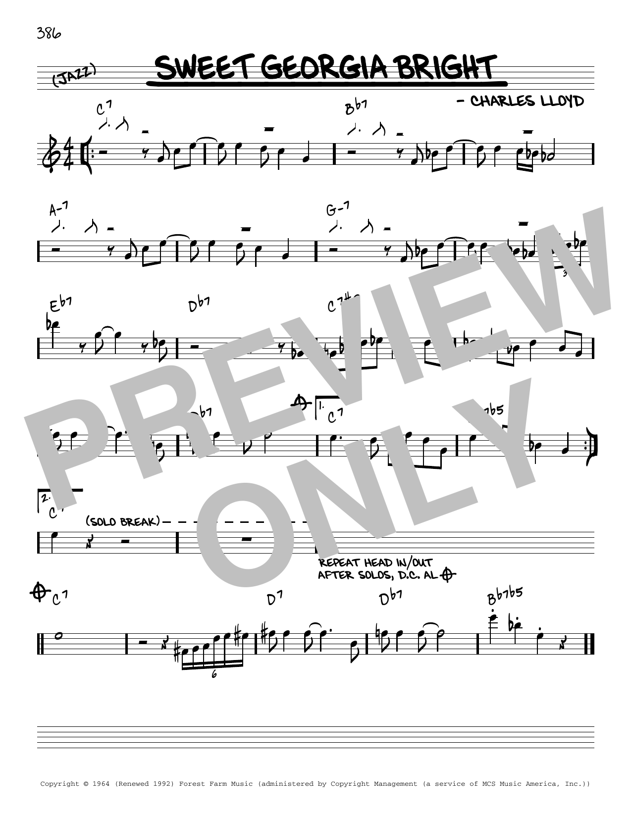 Charles Lloyd Sweet Georgia Bright [Reharmonized version] (arr. Jack Grassel) sheet music notes and chords arranged for Real Book – Melody & Chords