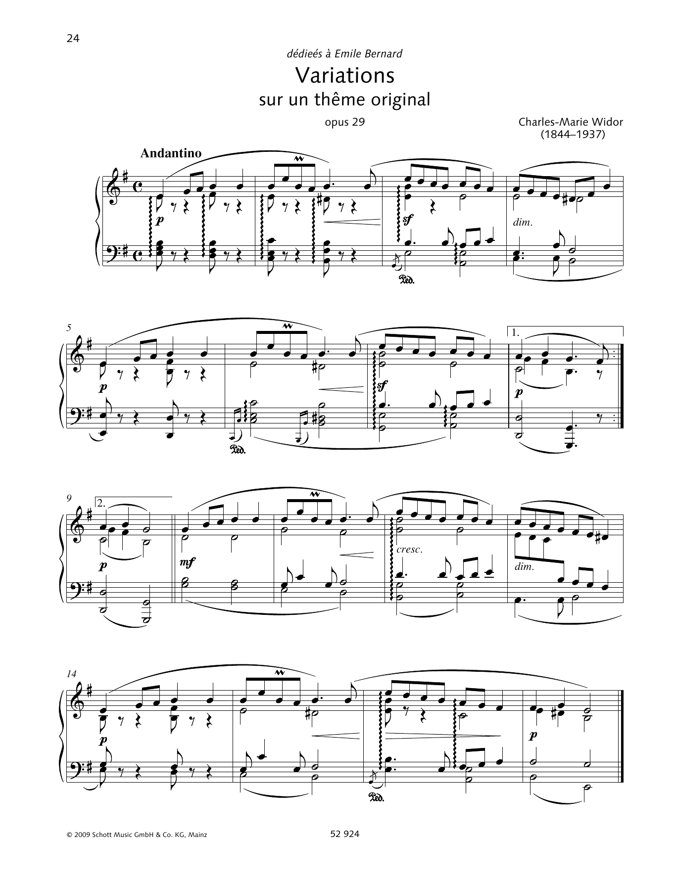 Charles-Marie Widor Variations sur un thème original sheet music notes and chords arranged for Piano Solo