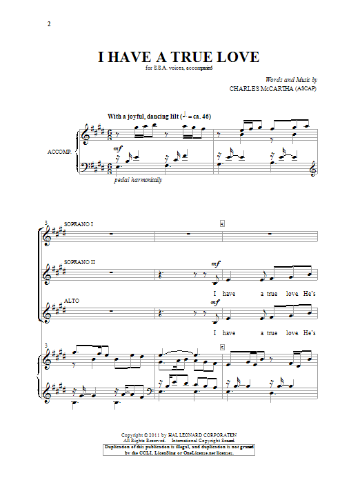 Charles McCartha I Have A True Love sheet music notes and chords arranged for SSA Choir