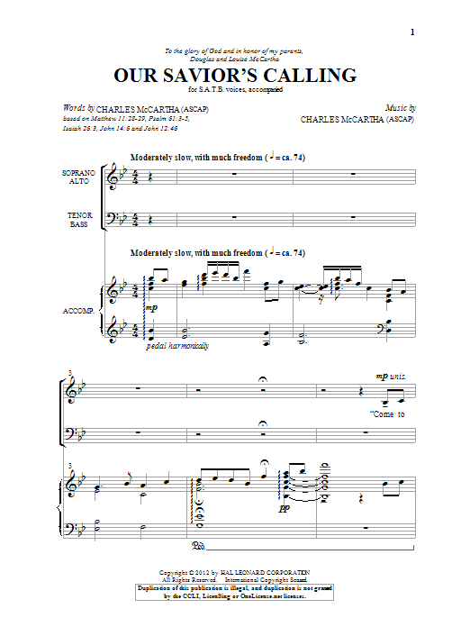 Charles McCartha Our Savior's Calling sheet music notes and chords arranged for SATB Choir